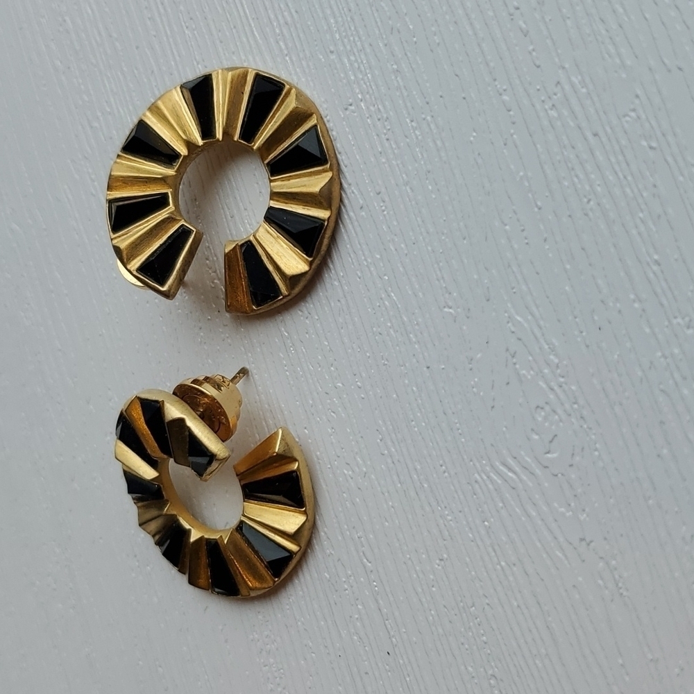 Dean Davidson Abstract Retro Black and Gold Hoop Stud Earrings MCM - Picture 2 of 5